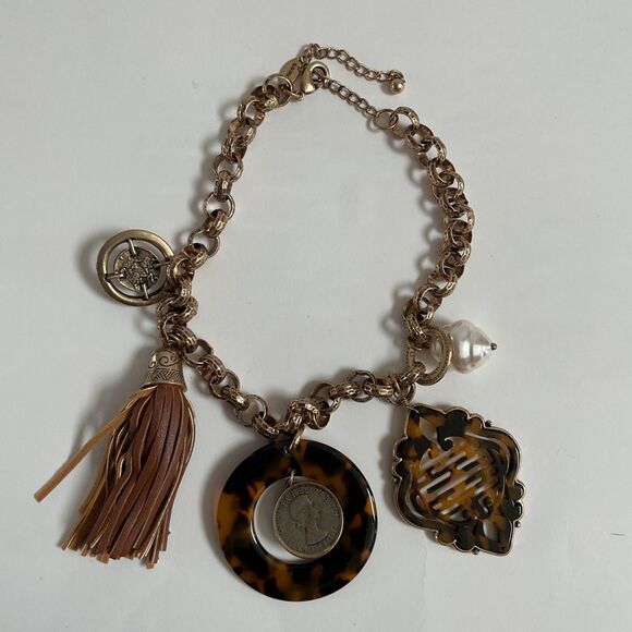 Chico's Tortoiseshell Pearl Charms Tassel Gold Toned Bib Statement Necklace - Picture 3 of 8